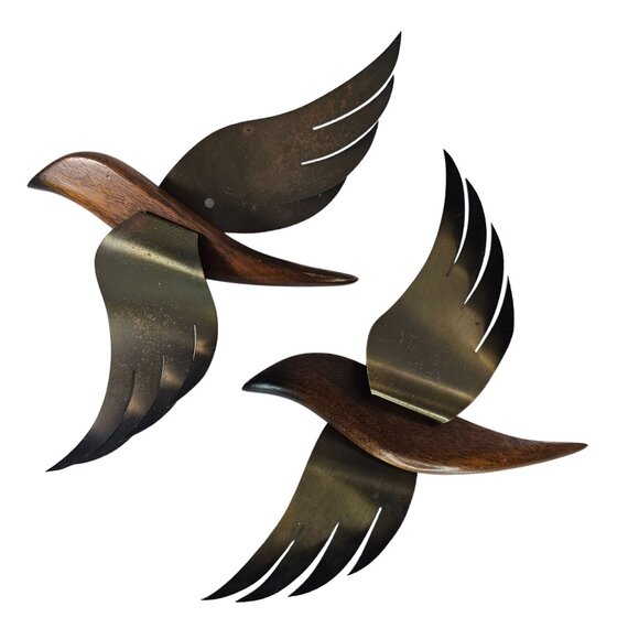 Vintage MCM Wood Brass Masketeers Style Flying Birds Set of 2 Small - Picture 1 of 9
